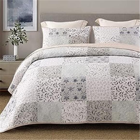 Reversible Boho Quilt Set Queen Size, 3 Pieces Patchwork Gray - Picture 7 of 7